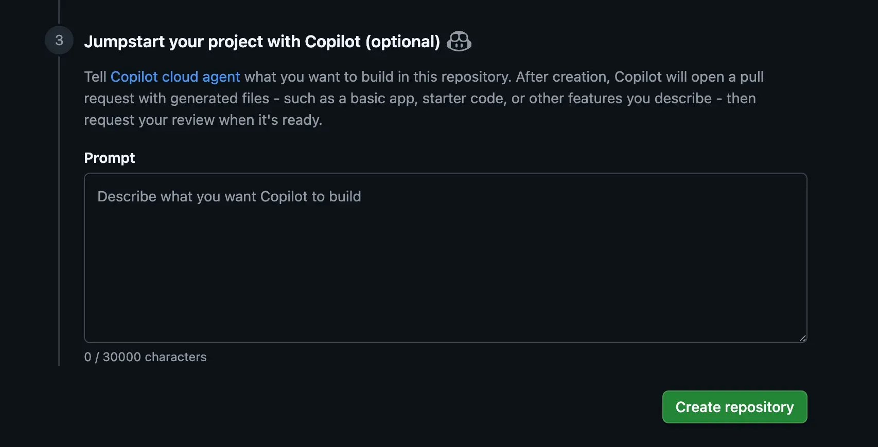 The Jumpstart section you can choose when creating a GitHub repository