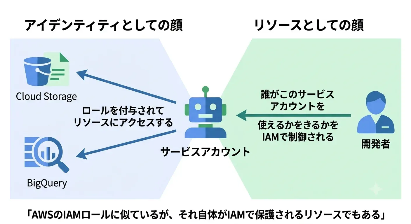 サービスアカウントの二面性(アイデンティティとしての顔とリソースとしての顔)の図