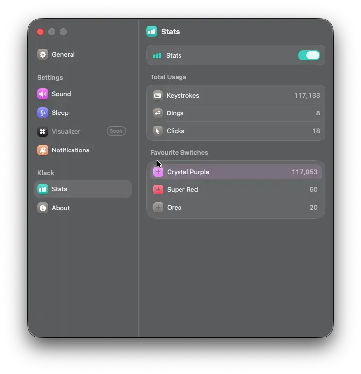 KlackのStats画面。総打鍵数やよく使うスイッチのランキングが表示される
