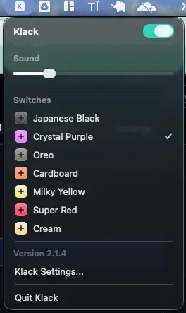 Klackのメニューバーから軸を切り替えているところ。複数のスイッチ音から選べる